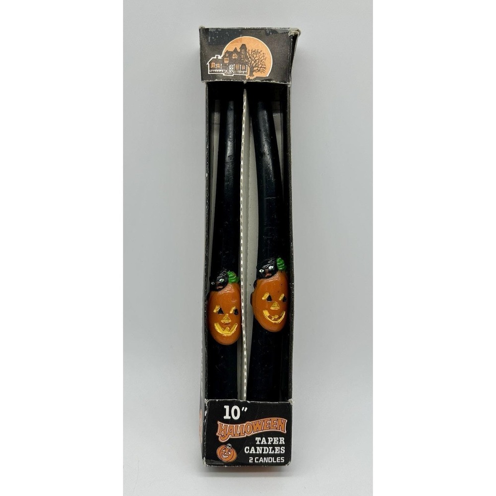 Vintage Halloween Sculpted Taper Candles Black 10" Pumpkin Jack O Lantern READ